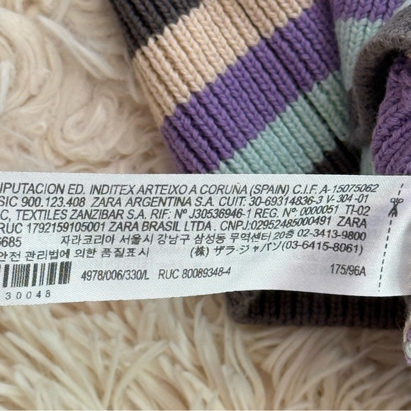 Zara striped crochet knit cropped sweater top ballon long sleeve cotton L V Neck - Picture 7 of 8